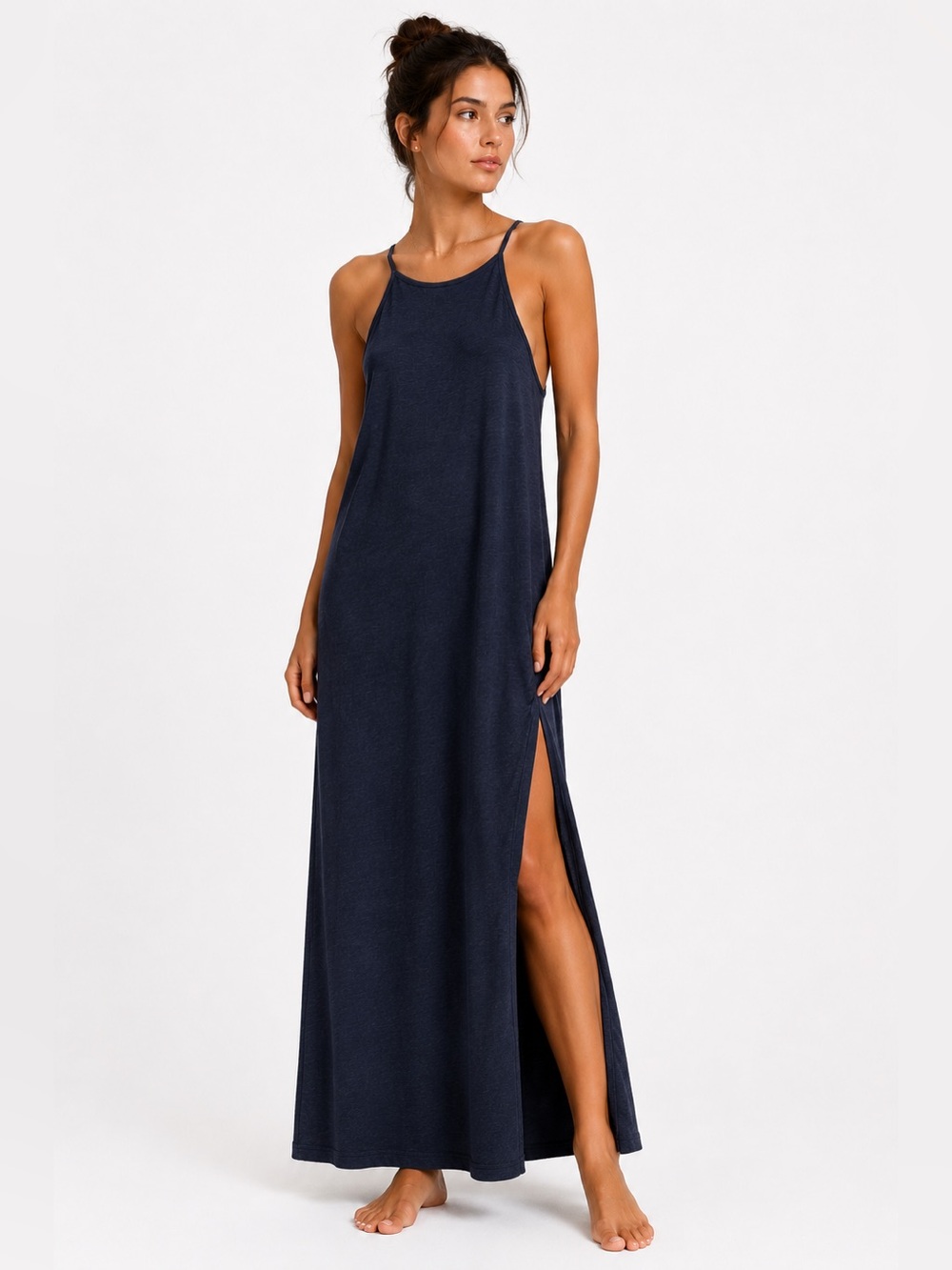 Theory Sonaki M Atmos Light Racerback Navy Blue Modal Side Slit Maxi Dress M